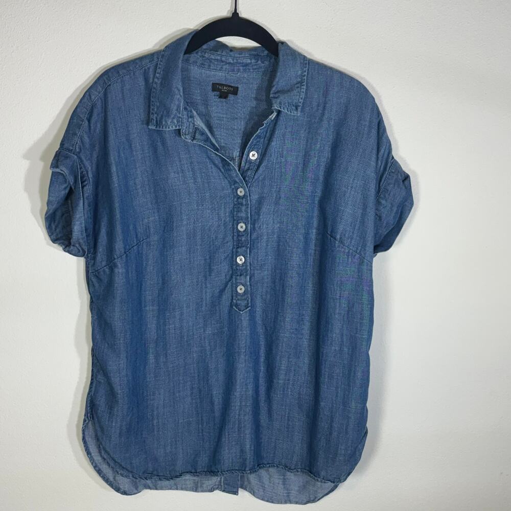 Talbots Petite Chambray Popover Top MP Blue Button Back Roll Tab Sleeve Lyocell